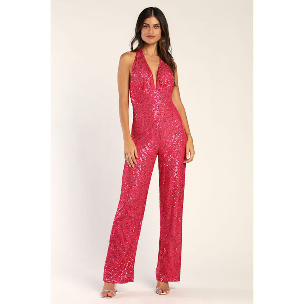 Lulus Star Potential Shiny Hot Pink Sequin Halter Jumpsuit - Size L